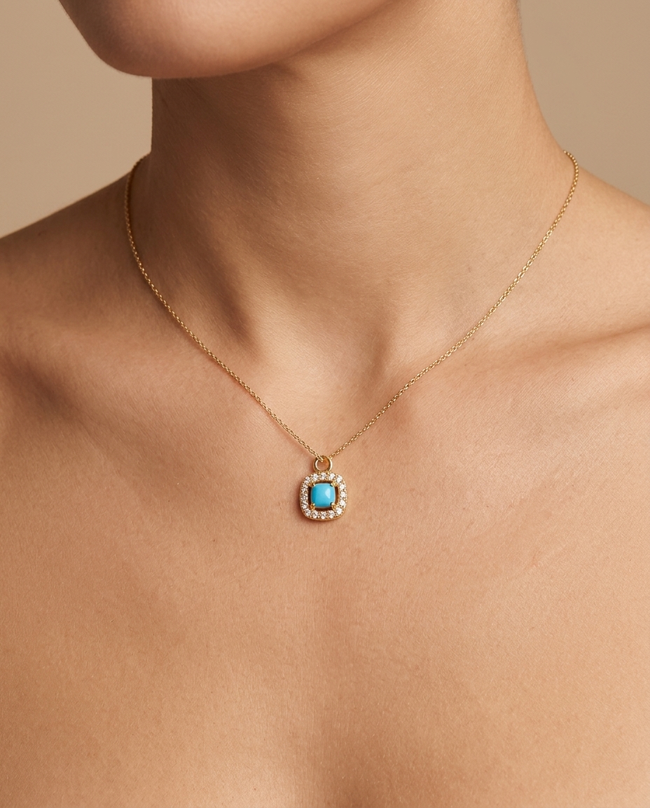 14KT Gold Turquoise Cushion Pendent 4MM on model