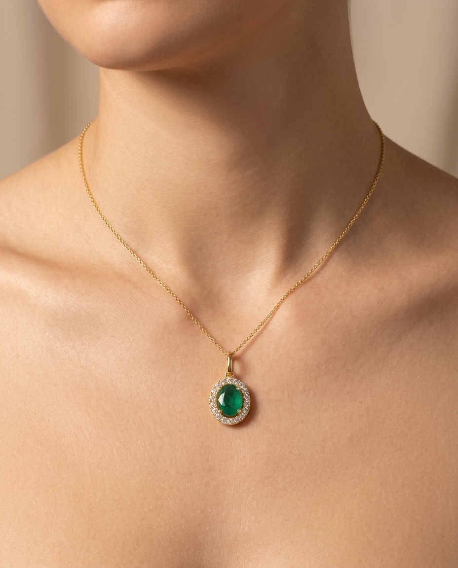 14KT Gold Diamond and Emerald Oval Shape Pendent on model