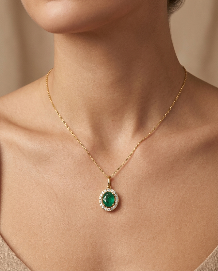 14KT Gold Diamond and Emerald Oval Shape Pendent on model