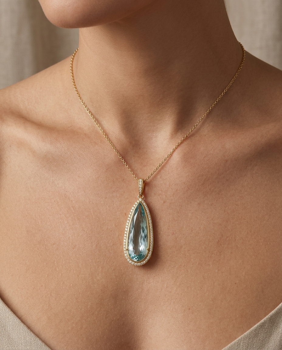 14KT Yellow Gold Aquamarine and Diamonds Pendant on model