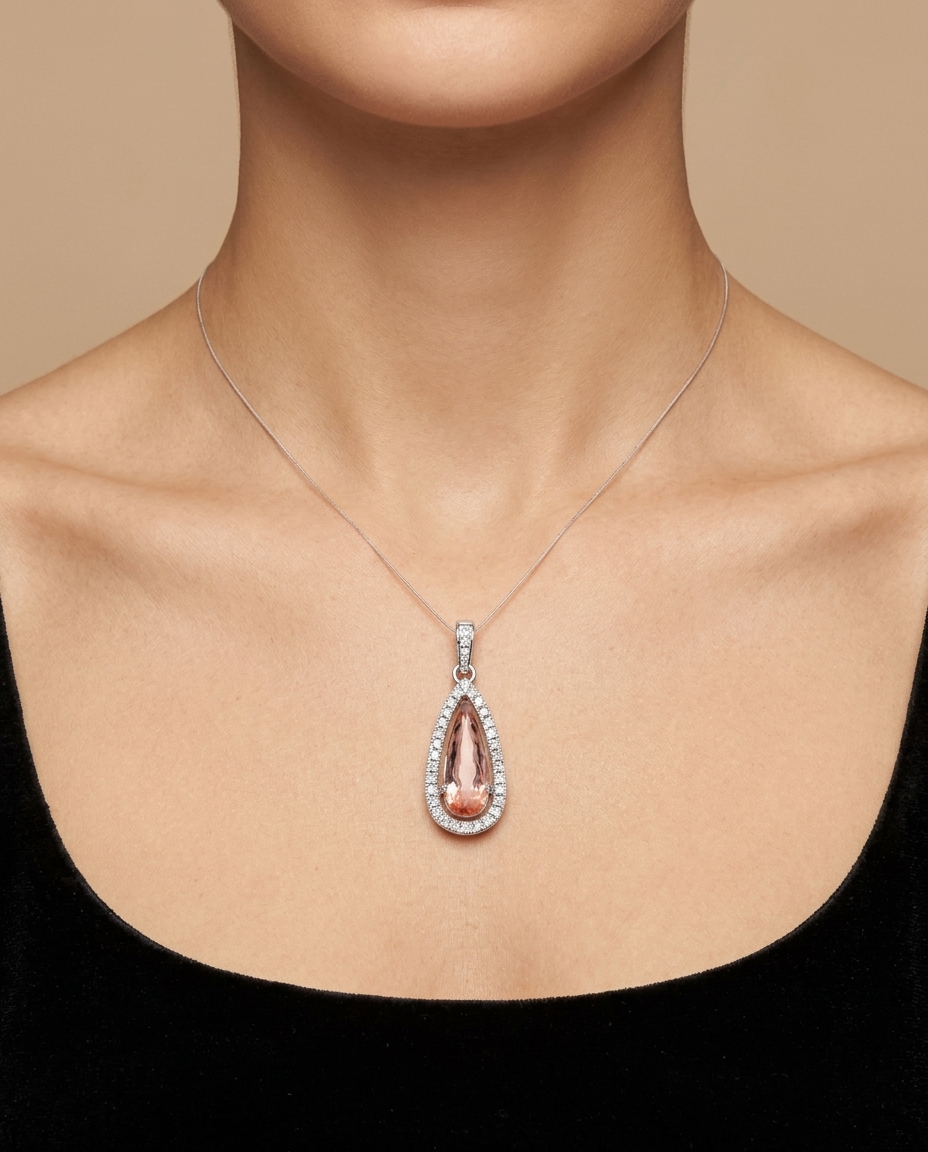 14KT Gold Topaz and Diamonds Pendant on model