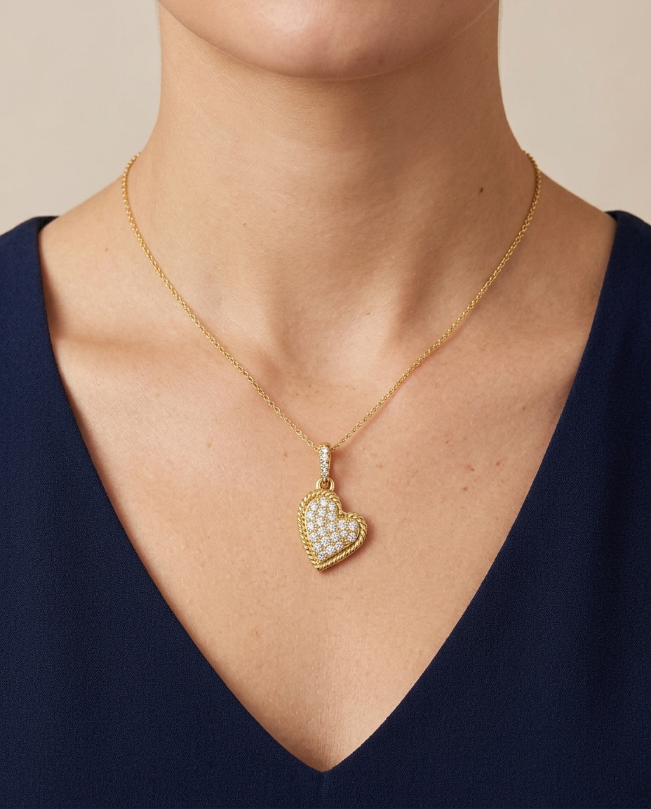 14KT Gold Heart Pendant with Diamonds on model