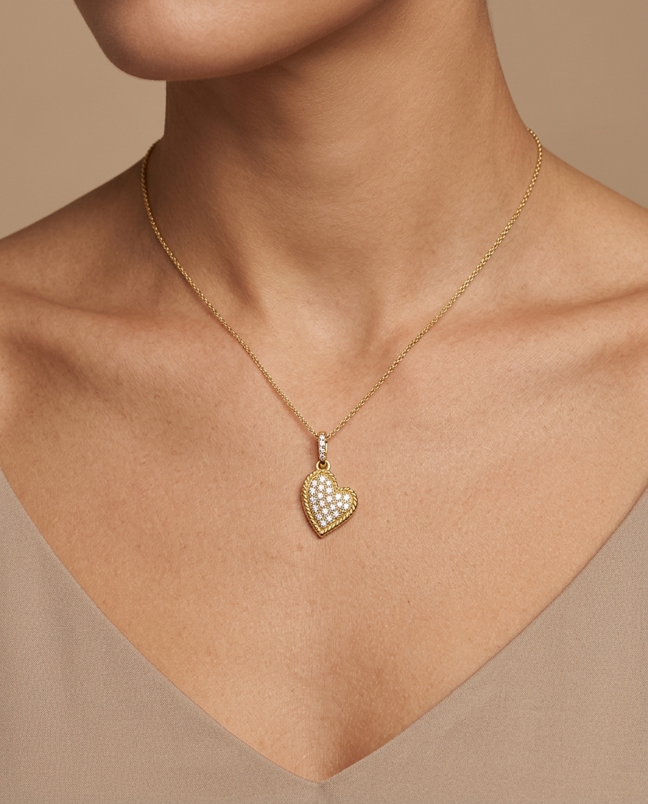 14KT Gold Heart Pendant with Diamonds on model