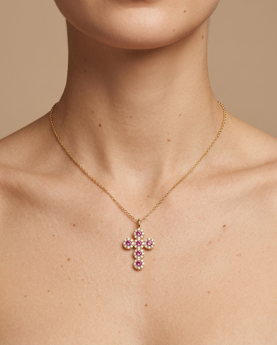 14KT Yellow Gold Cross Pendant Pink Sapphire and Diamonds on model