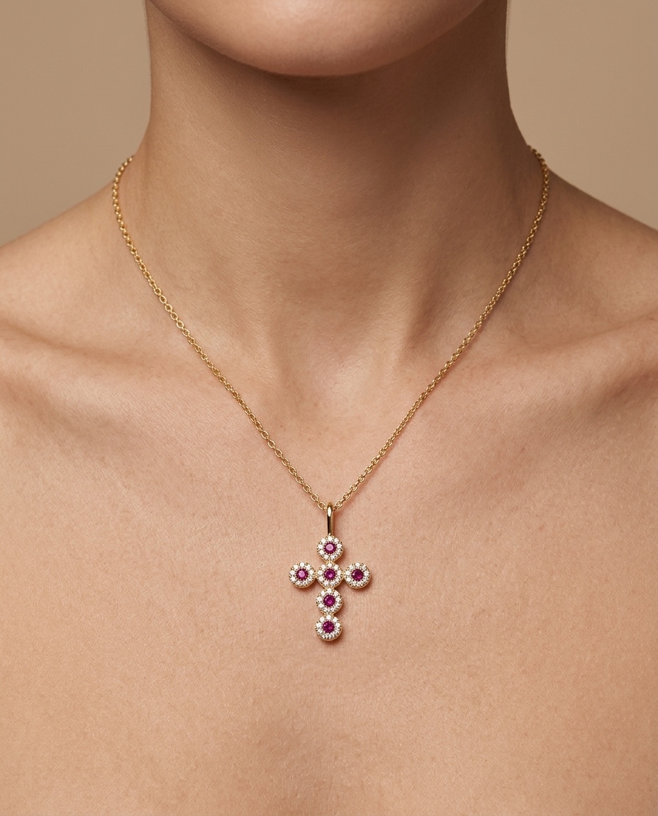 14KT Gold Ruby and Diamonds Cross Pendant on model