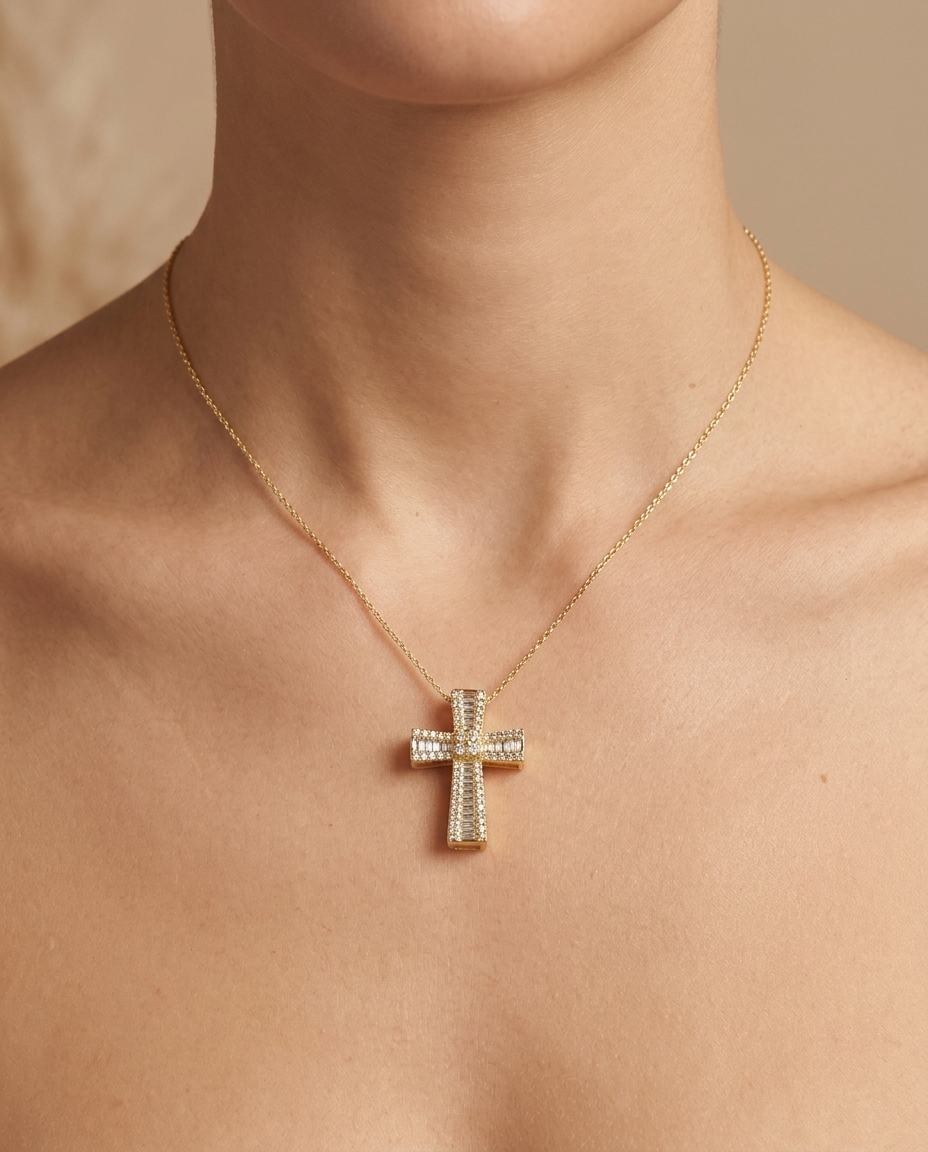 18KT Yellow Gold Cross with Diamonds Pendant on model