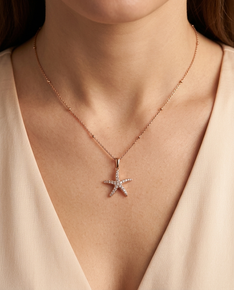 18KT Yellow Gold Starfish with Diamonds Pendant on model
