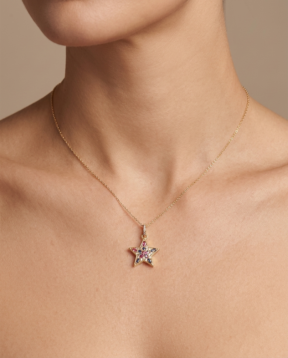 18KT Yellow Gold Star Pendant with Diamonds on model