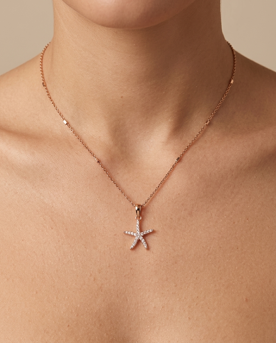 18KT Yellow Gold Diamond Starfish Pendant on model