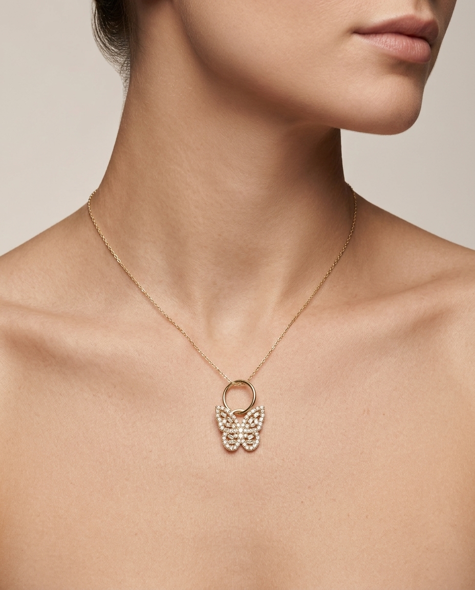 18K Gold Butterfly Pendant with Diamonds on model