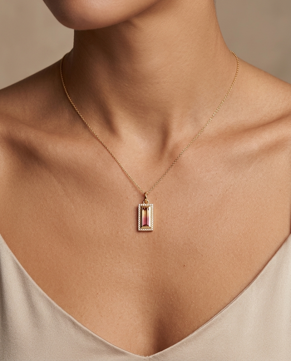 14KT Gold Tourmaline and Diamonds Pendant on model