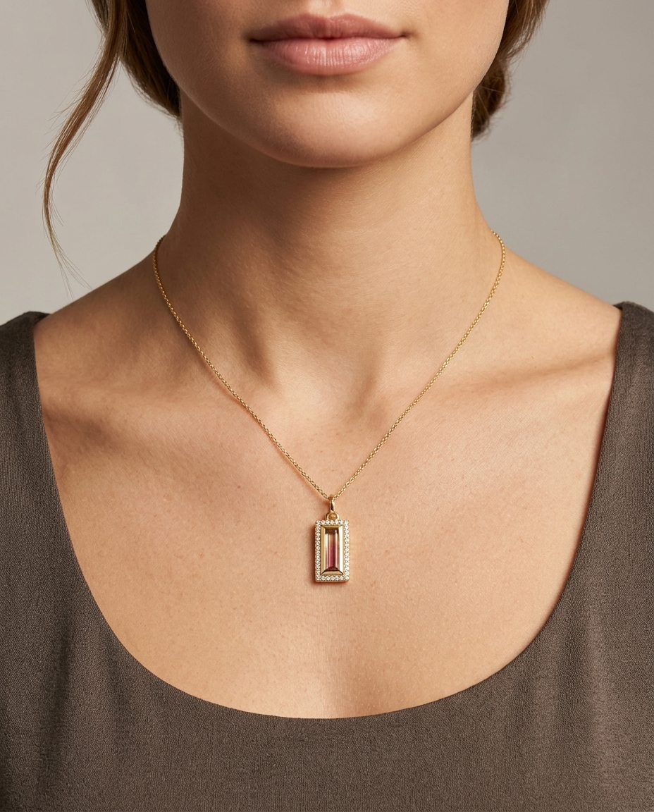 14KT Gold Tourmaline and Diamonds Pendant on model