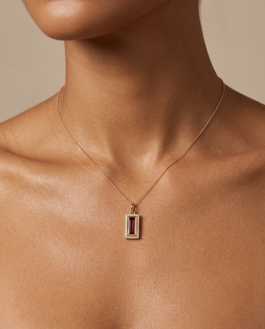 14KT Gold Tourmaline and Diamonds Pendant on model