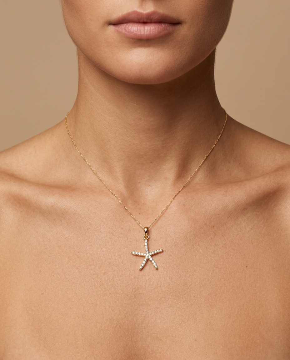 14KT Yellow Gold Diamond Starfish Pendant on model