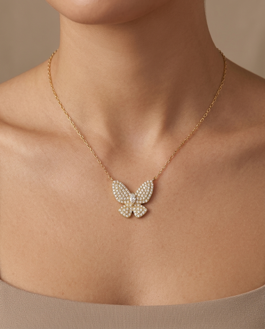 14KT Yellow Gold Diamond Butterfly Necklace on model