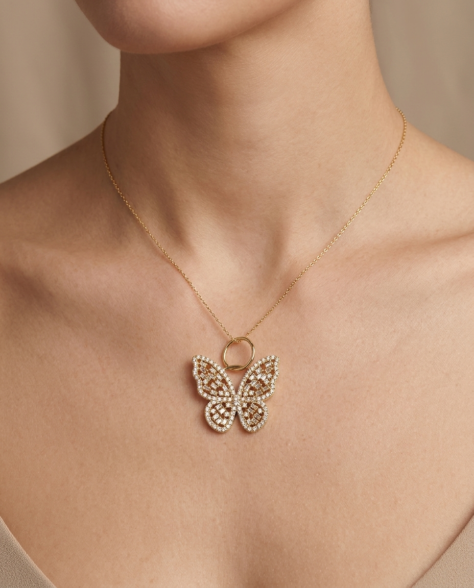 18K Gold Butterfly Pendant with Diamonds on model