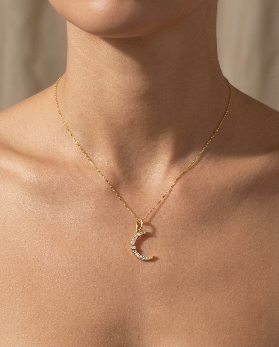 18KT Yellow Gold Half Moon Diamond Pendant on model