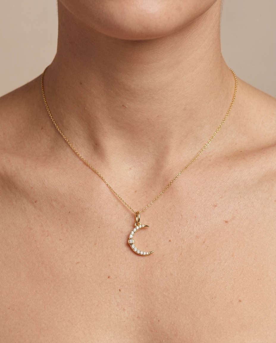 18KT Yellow Gold Half Moon Diamond Pendant on model