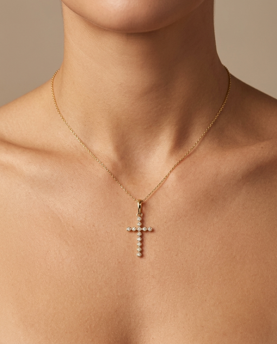 14KT Gold Cross Pendant with Diamonds on model