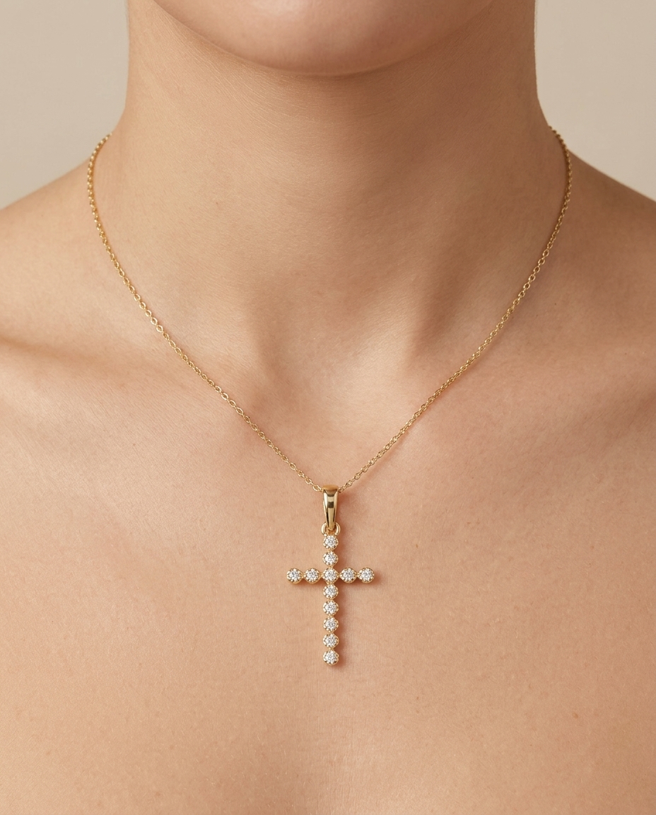 14KT Gold Cross Pendant with Diamonds on model
