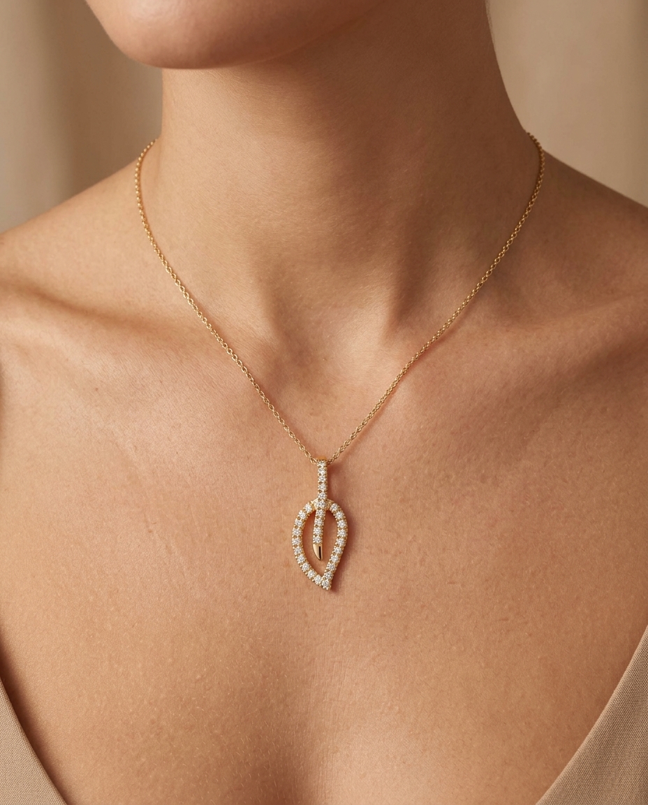 18KT Yellow Gold Diamond Leaf Pendant on model