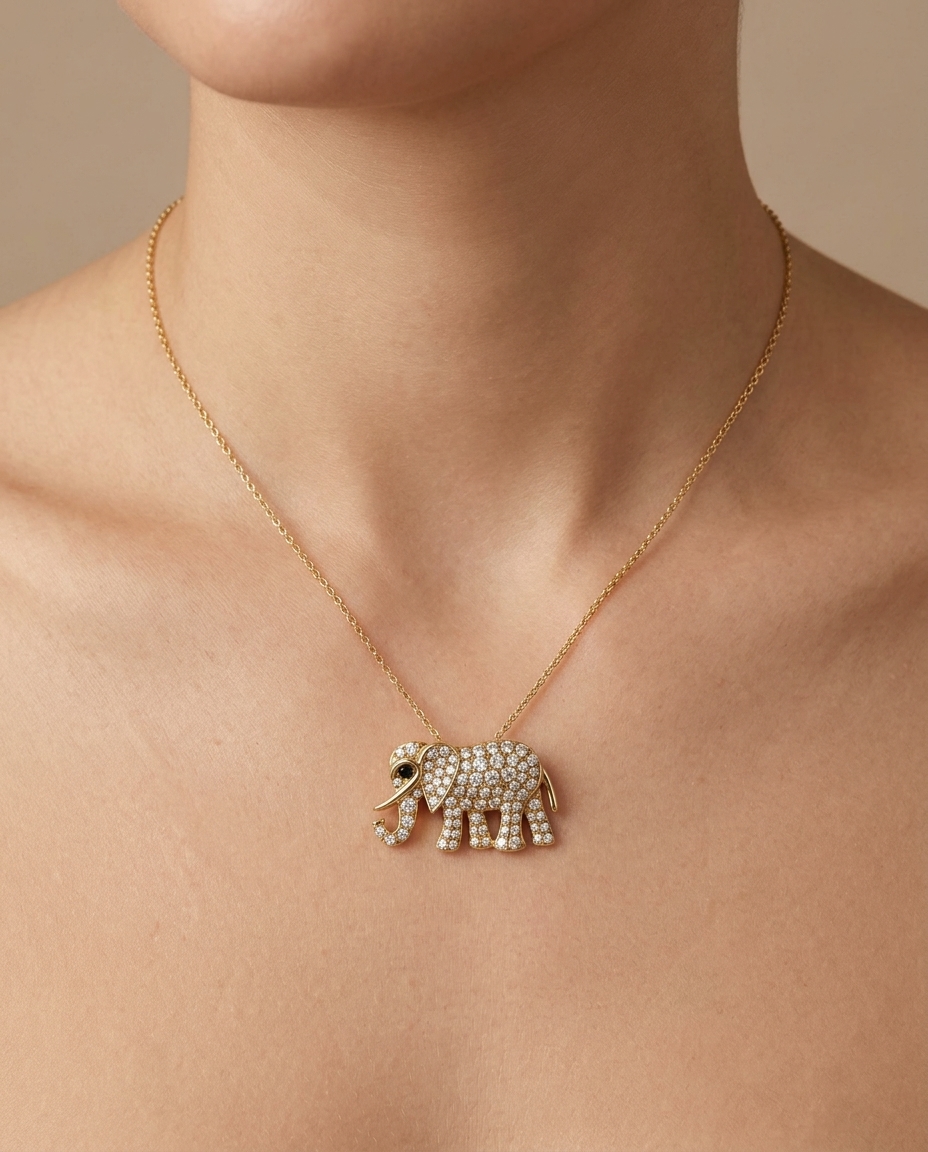 18K Gold Diamond Elephant Pandent on model