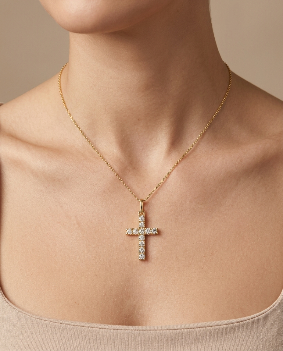 18KT Gold Diamond Cross Pendant on model
