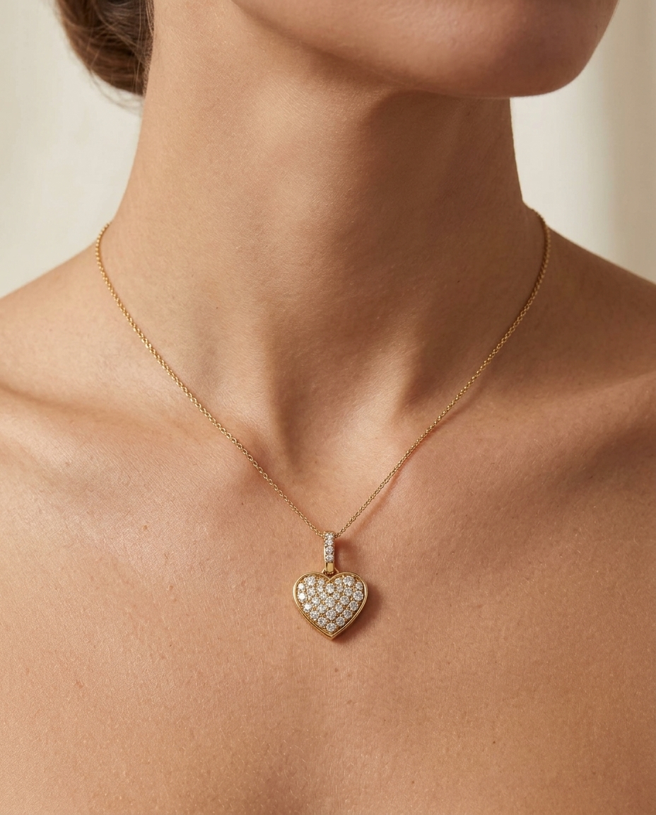 18K Gold Diamond Heart Pandent on model