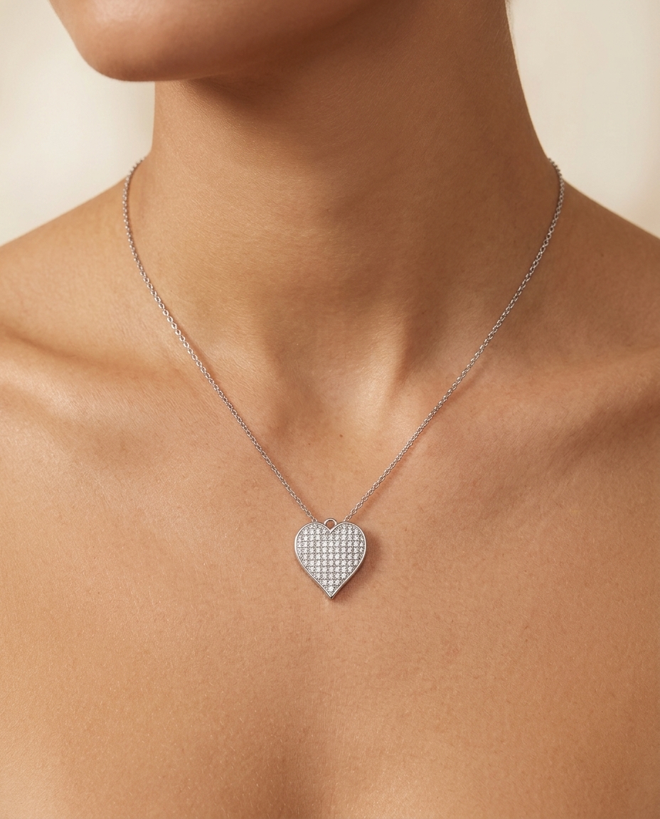 14KT White Gold Heart Pandent with Diamonds on model