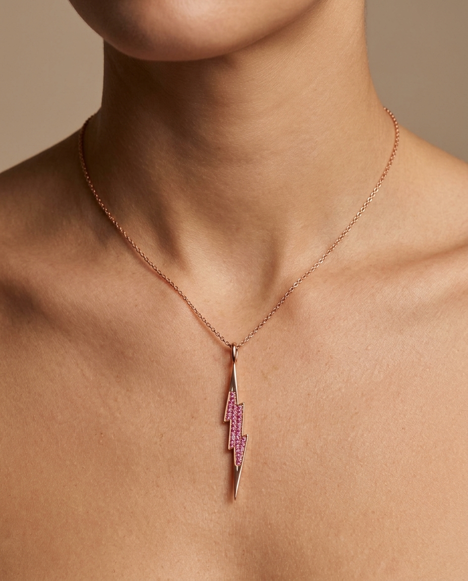 14KT Rose Gold Lightning Pendant with Pink Sapphire on model
