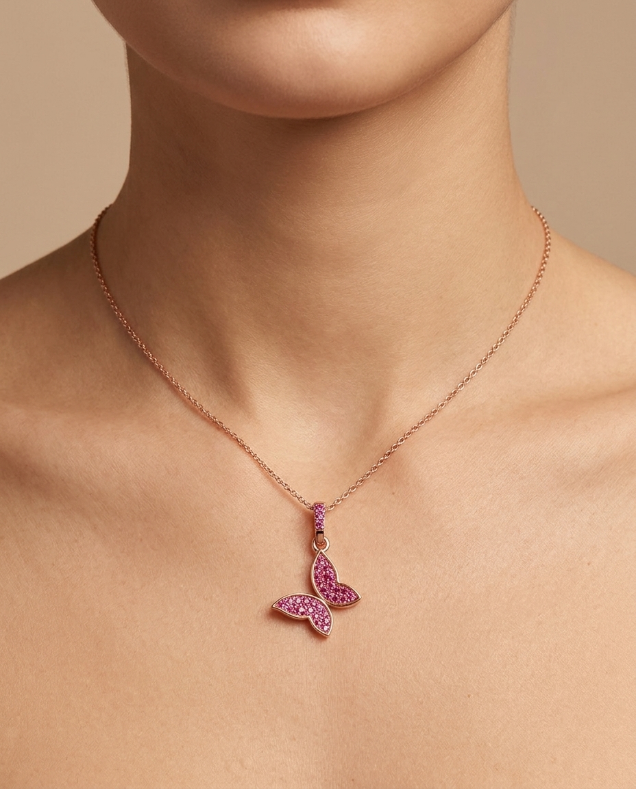14KT Rose Gold Butterfly Pendant with Pink Sapphire on model