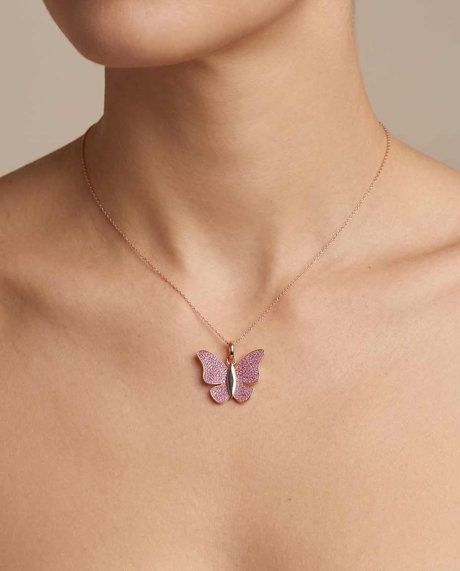 14KT Rose Gold Butterfly Pendant with Pink Sapphire on model