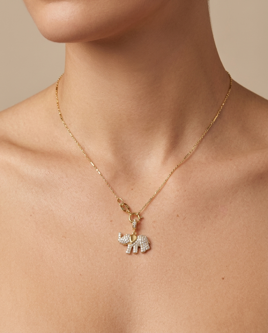 14KT Yellow Gold Elephant Pandent with Diamonds on model