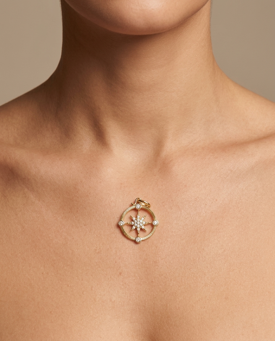 14KT Gold Star Diamond Pendant on model