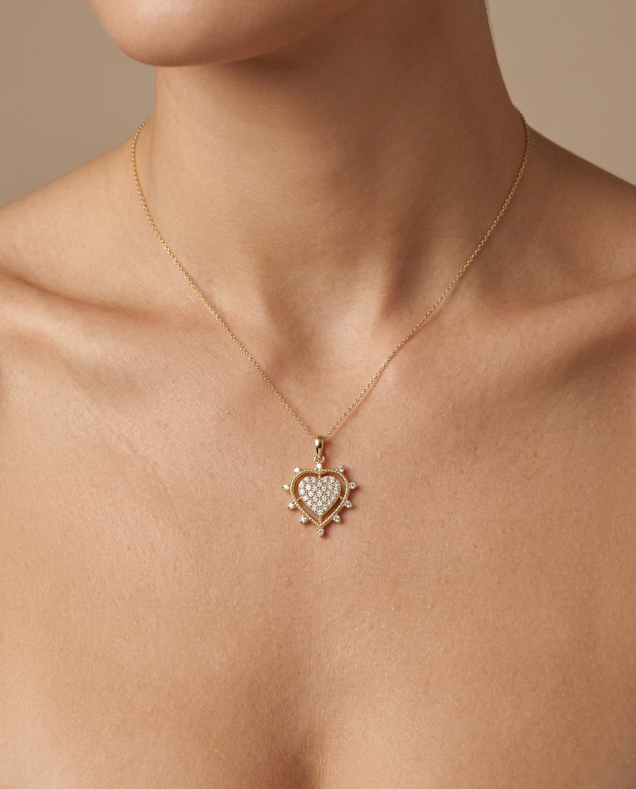 14KT Gold Heart Pandent with Diamonds on model