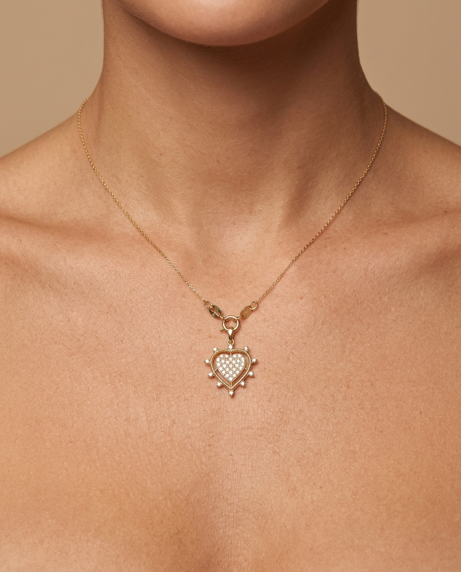 14KT Gold Heart Pandent with Diamonds on model