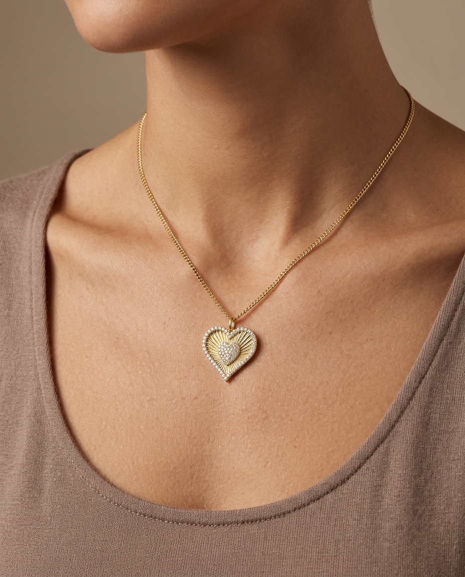 14KT Yellow Gold Fluted Heart Pendant with Diamonds on model