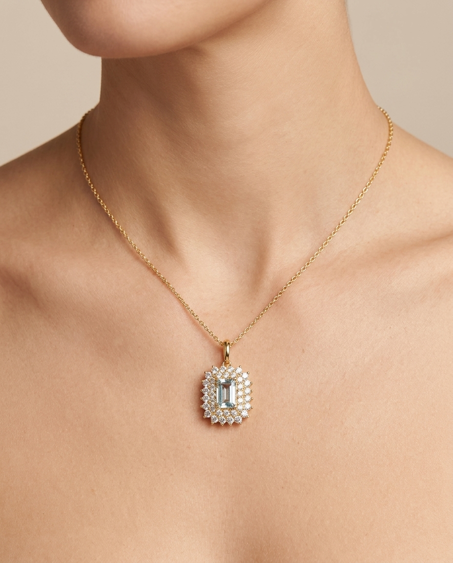 14KT Gold Aquamarine and Diamonds Pendant on model