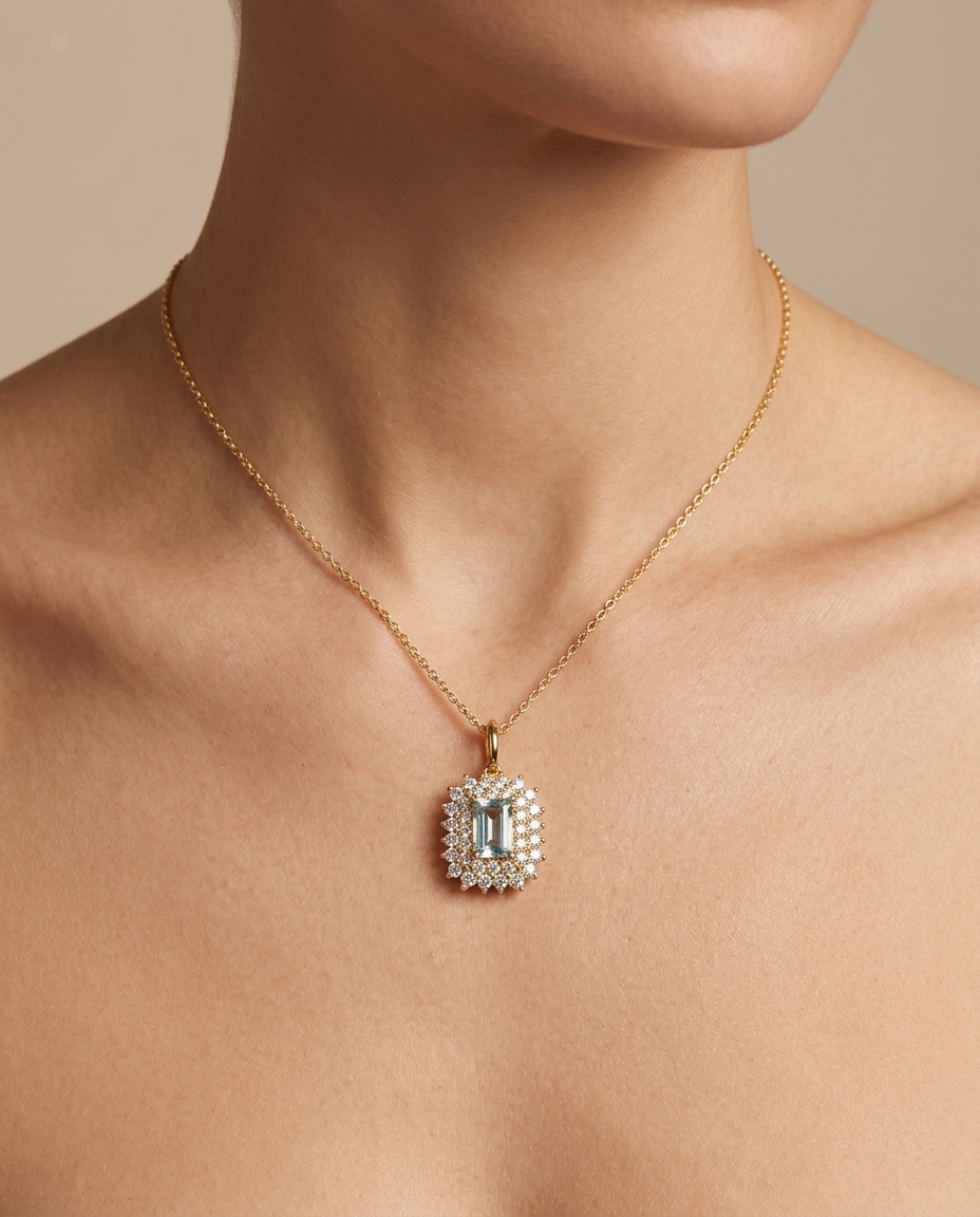 14KT Gold Aquamarine and Diamonds Pendant on model