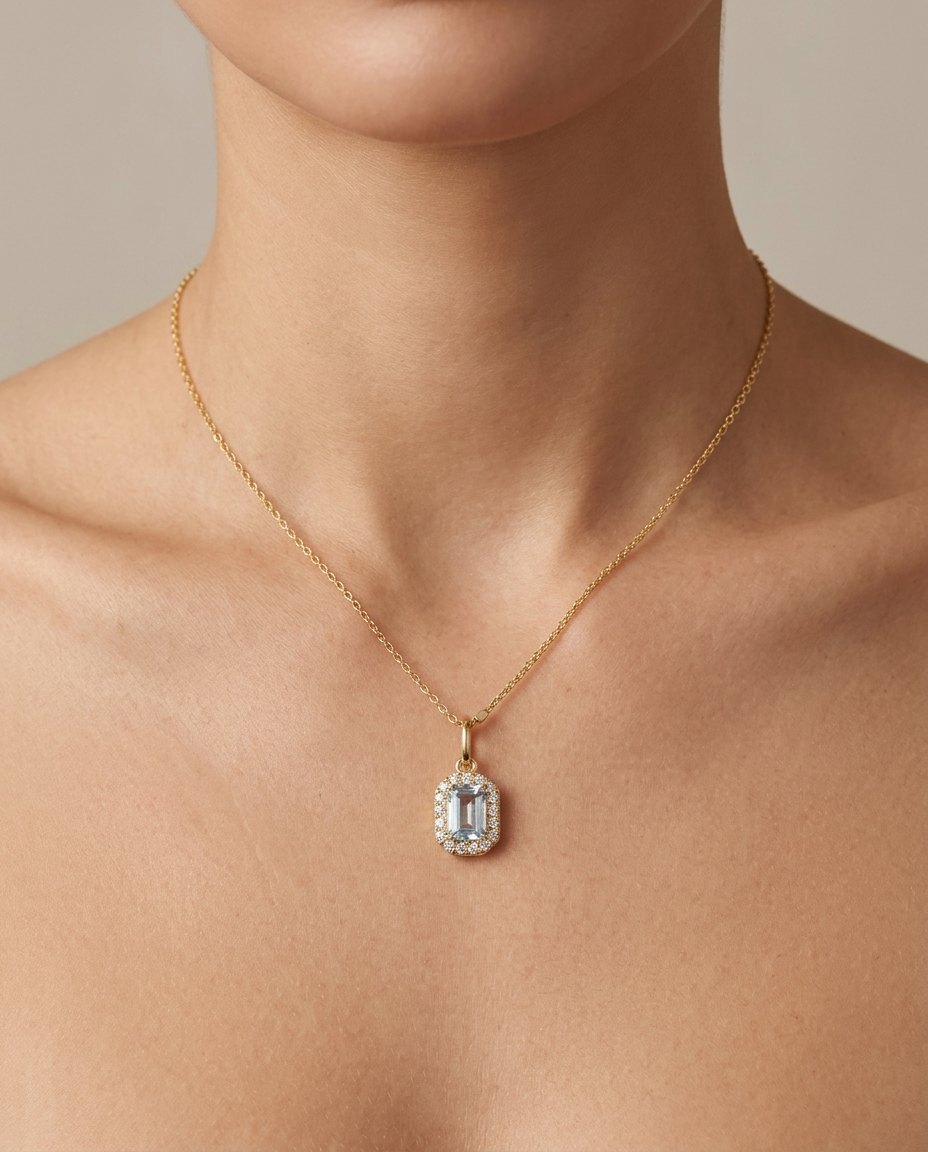 14KT Gold Aquamarine and Diamonds Pendant on model