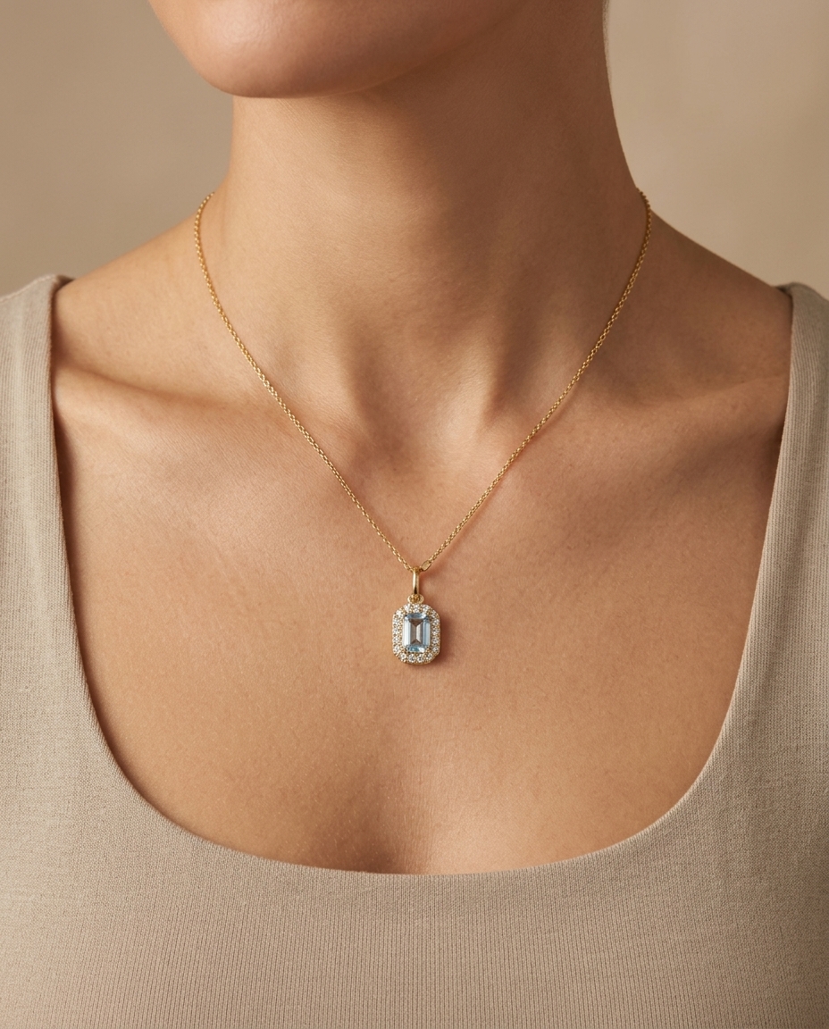 14KT Gold Aquamarine and Diamonds Pendant on model