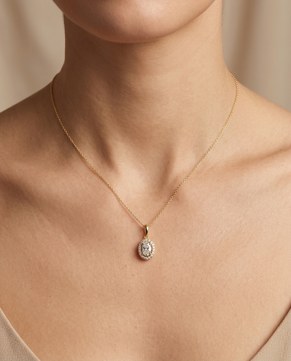 14KT Gold Diamond Pendant on model