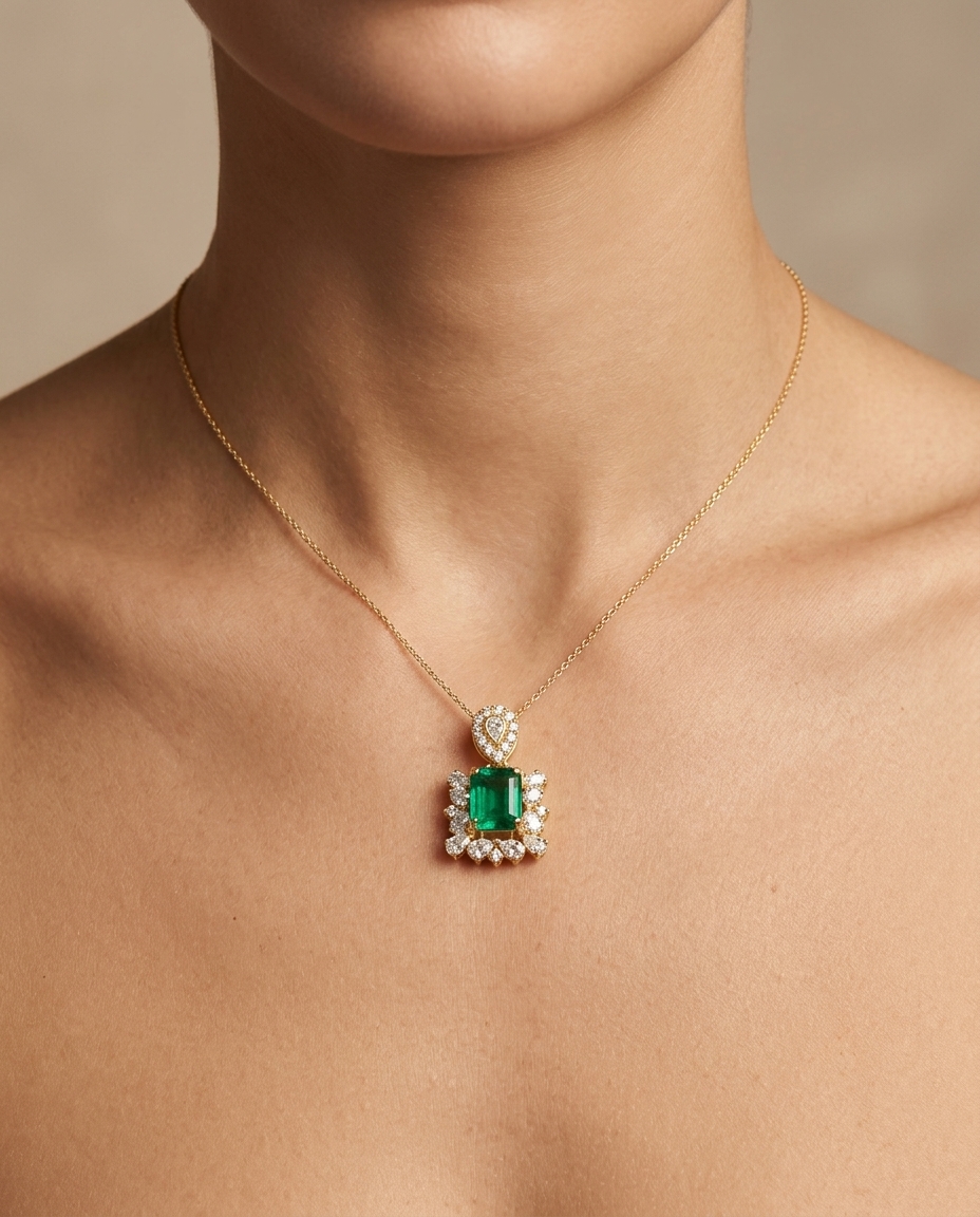 14KT Yellow Gold Emerald and Diamonds Pendant on model