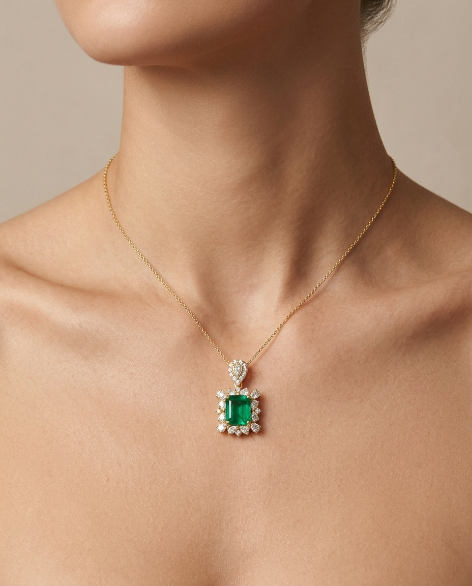 14KT Yellow Gold Emerald and Diamonds Pendant on model