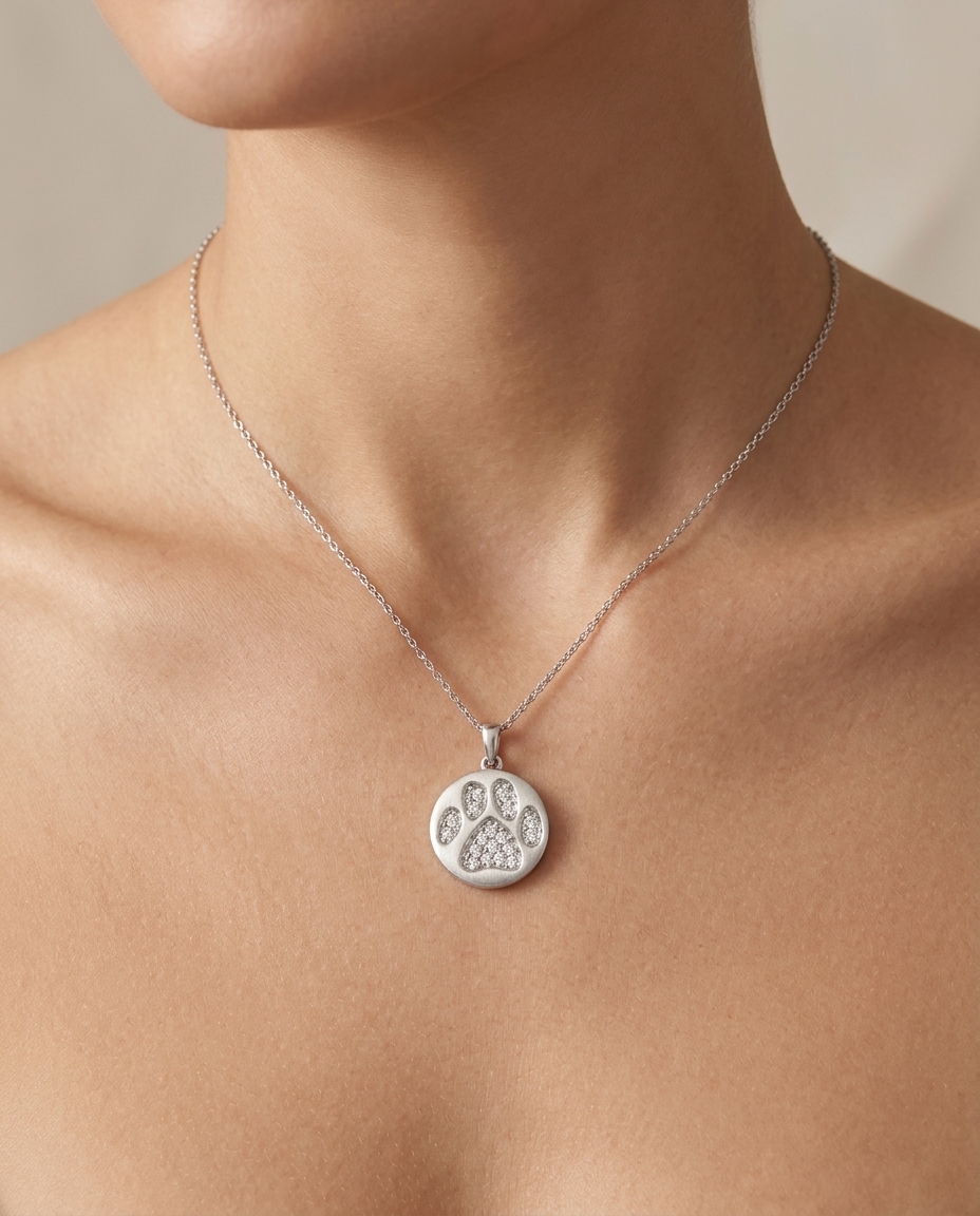 14KT White Gold Paw Print Pandent with Diamonds on model