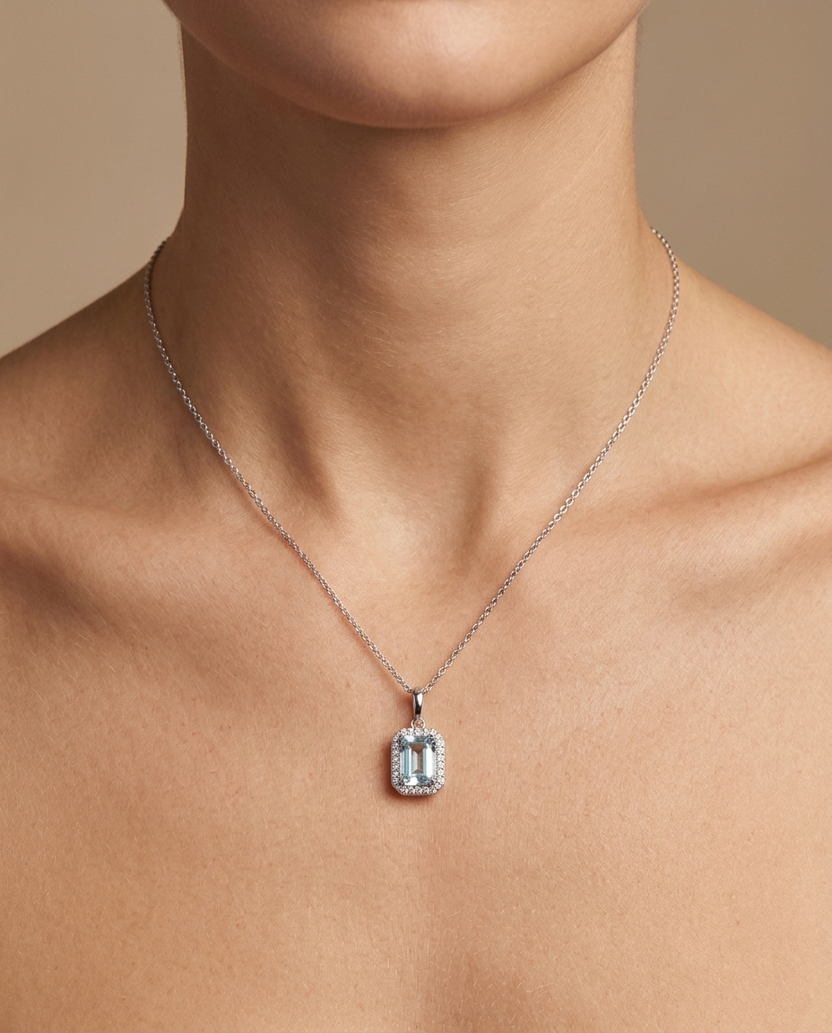 14KT Gold Aquamarine and Diamonds Pendant on model