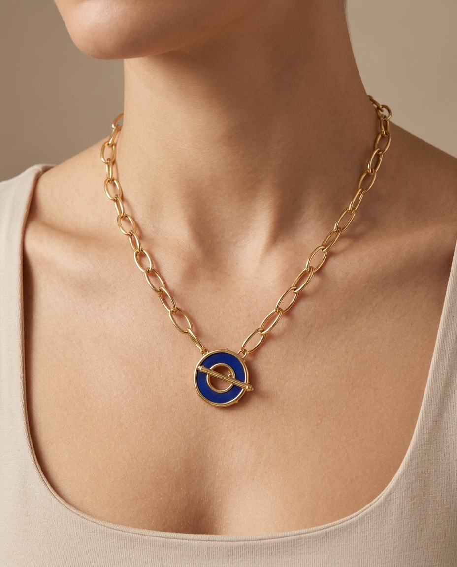 14KT Yellow Gold with Enamel Lapis Pandent on model
