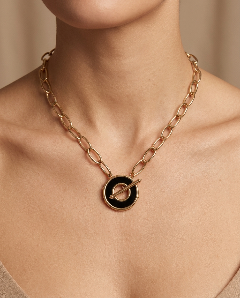 14KT Yellow Gold with Enamel Black Onyx Pandent on model