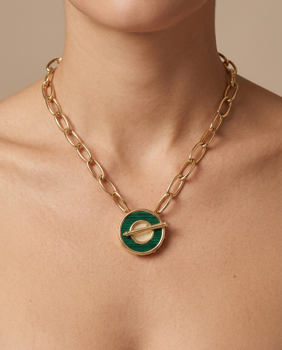 14KT Gold with Enamel Green Malachite Pendant on model