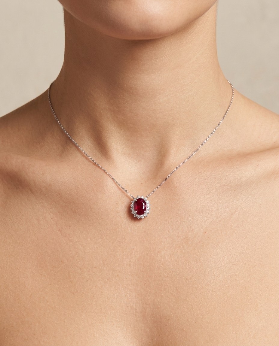 18KT White Gold Diamond and Ruby Pendent on model